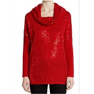 Saks Fifth Avenue Sequin Cashmere Cowlneck Oversized Sweater Red Size S Petite